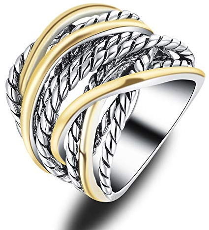 Mytys Two Tone Statement Ring, Gold Plated Twisted Rope Crossover Wide Band Ring for Women, Vintage Modern Chunky Fashion Jewelry (Gold & Silver, 6)