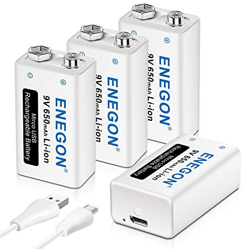 ENEGON 9V USB Directa Recargable Batería 650mAh Lito-Ion con Cable USB Type-C 2 en 1 para Micrófonos, Alarma de Humos, Juguetes electrónicos, Walkie Talkie y Más aparatos (4 Baterías)
