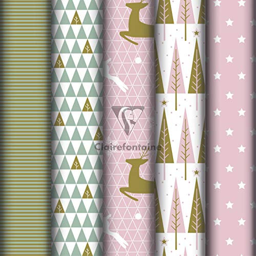Clairefontaine 201965AMZC - Un Carton De 10 Rouleaux De Papier Cadeau - Papier Excellia 80g - Dimensions : 5x0,70m - Motif : Noël, Rose, Or, Sapins, Cerfs, Étoiles - Emballage Cadeau