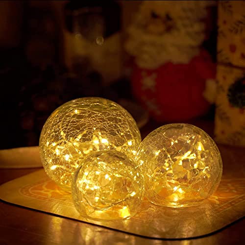 Zodight Glass Ball Lights Set, 3-Pack (8,10,12 cm) Crackled Glass Ball LED Fairy Lights, Warm White LED Lights Orbs for Bedroom, Home Décor, Party, Christmas, Garden