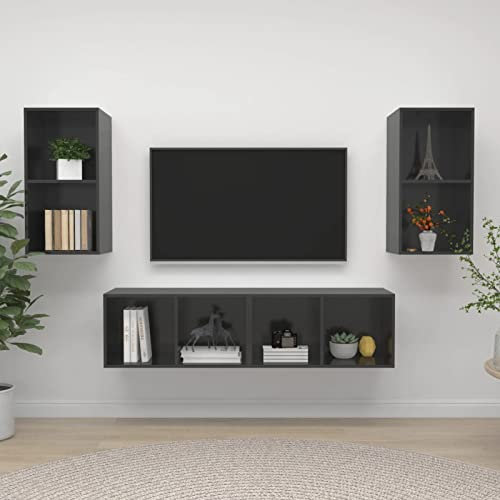 RONGQI Meubles TV Meuble TV Mural Grand Espace de Rangement Meuble Television Table TV Salon Table Television Meubles TV muraux 4 pcs Gris Brillant Aggloméré Do