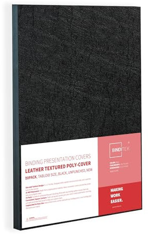 Binditek 20 Pack 16 Mil Leather-Textured Heavyduty Polycovers, 11 x 17 Tabloid Size, Binding Presentation Covers for Business Reports and Proposals, Black, Office Supplies