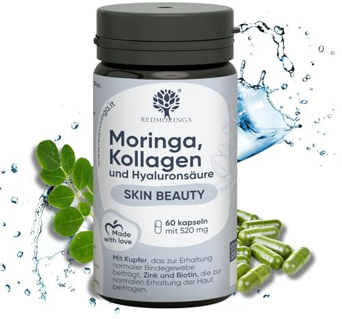 Formula ANTIRUGHE Avanzata Collagene Idrolizzato Acido Ialuronico + Moringa, Rame, Zinco, Biotina, Vit.A B2 B3 C | Integratore per la Pelle e le Articolazioni | RedMoringa 60 Capsule