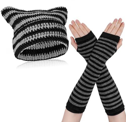 Firtink Berretto da donna con orecchie di gatto, cappello Y2K, invernale, caldo, a righe, lavorato a maglia Fairy Grunge, uncinetto, gatto, berretto da donna Slouchy Beanies con guanti lunghi da