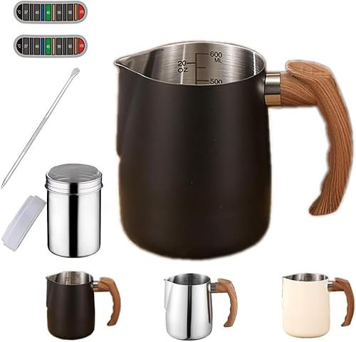Zuquik 600ml Milchkännchen Edelstahl,Milchkanne Barista mit Messung Mark 20oz,Milchschaumkännchen mit Kakaostreuer,Milchaufschäumer Kanne für Cappuccino,Espresso,Latte Art,Kaffeeliebhabe,Schwarz
