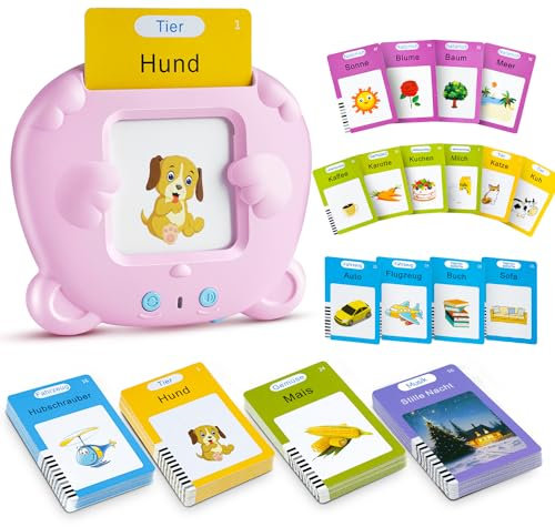 AHJ Sprechende Lernkarten Deutsch, 112 Blätter 224 Wörter, Flash Karten, Interaktives Sprachspiele Deutsch für Kinder ab 2-6 Jahr, Interaktives Lernkarten für Kinder -Rosa