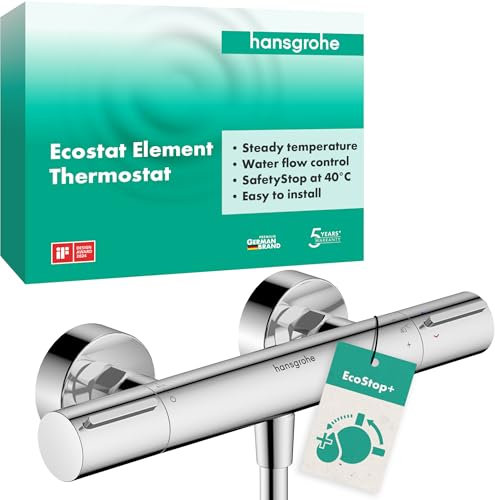 hansgrohe Ecostat Element - Miscelatore termostatico per doccia esterno con EcoStop+, Rubinetto termostatico con blocco di sicurezza (SafetyStop) a 40° C, Termostato doccia, 1 utenza, cromo, 13346000