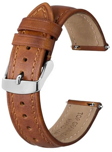 BISONSTRAP Retro Leder Uhrenarmband für Herren, Ersatzarmband aus Ölgewachstem Kalbsleder, Schnellverschluss, 19mm, Toffeebraun (Silberne Schnalle)