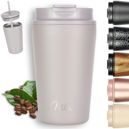 Milu Thermobecher 400ml - 100% Auslaufsicher - Edelstahl Kaffeebecher to go isoliert mit Strohhalm hält 10h heiß / 20h kalt, BPA-frei (Taupe Grau, 400ml)