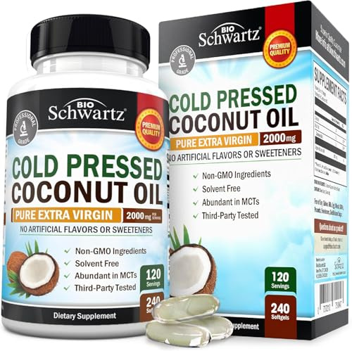 Coconut Oil Capsules 2000mg - Organic Pure Extra Virgin Unrefined Cold Pressed MCT Rich & Non-GMO for Healthy Skin Nails Hair Growth Support Bloating Anti Aging Digestion - 240ct (4 Month Supply)
