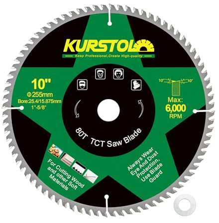 KURSTOL Lame Scie Circulaire Bois - 255 x 25,4mm 80T Disques Carbure pour Bois, Plastique, Contreplaqué, Panneaux de particules, Panneaux multicouches
