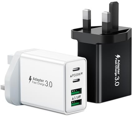 USB C Plug, 2-Pack 40W Multi USB Plug UK Fast Charger Charging Plug for iPhone 16 15 14 13 12 11 Pro Max Plus, Samsung, Multiport USB Wall Plug Dual USBC Power Adapter Type C Charger Head