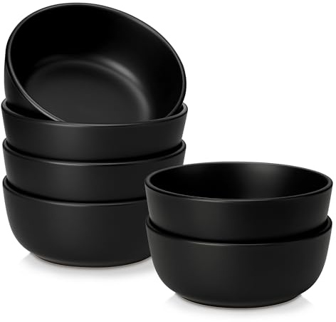 vancasso Playa 900ml Cereal Bowls Set of 6, Mediterranean Style Ceramic Bowls for Soup/Pasta/Ramen/Salad/Fruit/Breakfast/Rice, Dishwasher & Microwave Safe, Black