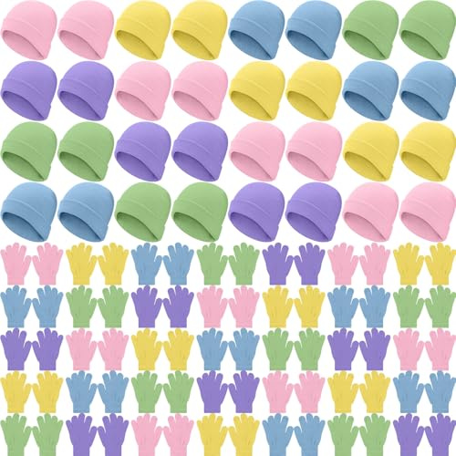 Handepo 60Pcs Kids Winter Beanie and Gloves Bulk Pastel Color