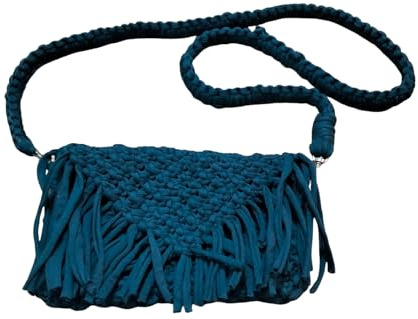 Genérico Bolso de Macramé en Trapillo Hecho a Mano, Diseño 2 en 1 Bandolera y Clutch, Estilo Boho Chic con Flecos, Color Azul Petróleo