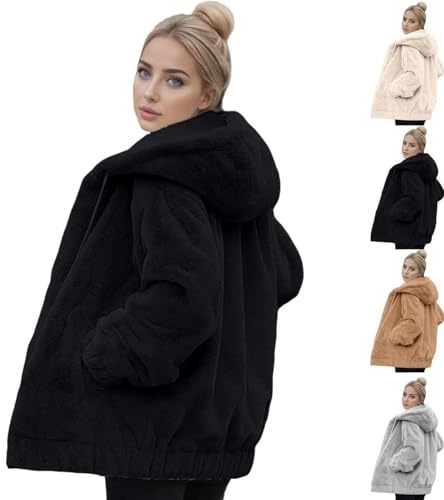 Winter Jackets for Women UK Plus Size Iightweigght Yellow Suede Full Zip Jacket with Hooded Solid Color Warm Comfort Ladies Teddy Fleece Tweed Hoodie Cozy Womens Winter Warm Faux Fur Outdoor Coats XXL