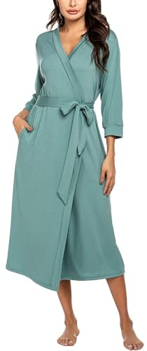 Ekouaer Peignoir Femme Long Robe de Chambre Encolure en V S-3XL | manches 3/4 peignoir de bain, kimono avec ceinture et poches, léger sortie de bain, doux et confortable, drapé
