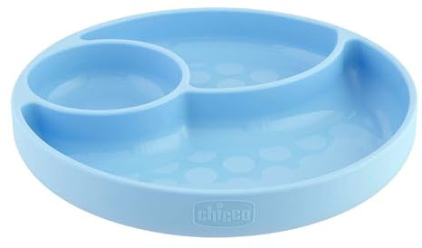 Chicco Plato para Bebé con Ventosa en la Base con 3 Compartimentos, Material Suave y Duradero, Apto para Lavavajillas y Microondas, Sin BPA – Plato con Divisiones de Silicona, Infantil +12 Meses, Azul