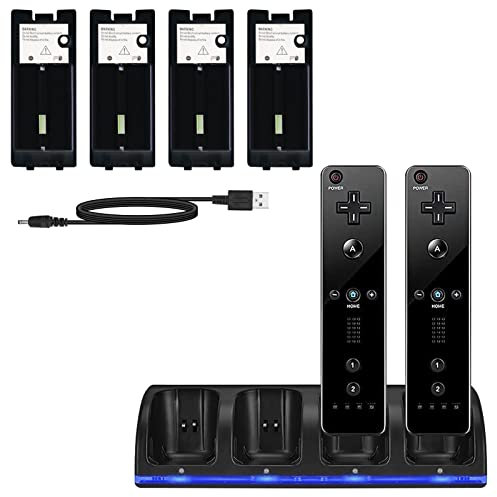 Estación de Carga de Controlador de Wii, Base de Cargador de Controlador 4 en 1 con 4 Piezas de Batería Recargable de 2800 mAh para Controlador Remoto de Juegos de Wii / Wii U