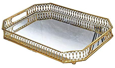 Fenteer Spiegeltablett Gold, Tablett Spiegel Metall Tablett Verspiegelt Platte Verspiegelt Deko Rechteckig Dekotablett für Waschtisch, Kommode, Badezimme