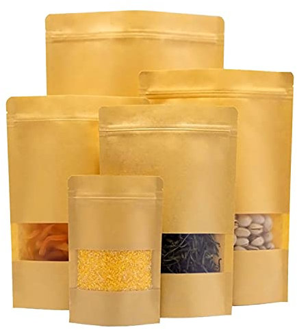 ZAMISS 50 Stück Kraftpapier Tüten mit klarem Fenster,Reißverschluss und Einkerbung,Papiertüte versiegeln,Aufbewahrungsbeutel für Lebensmittel,für Nüsse, Samen, Bohnen, Kaffee, Süßigkeiten, Snacks