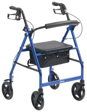 drive Blue 4 Wheel Walker Folding Rollator with Padded Seat, Locking Brakes, Height Adjustable Handles and Carry Bag