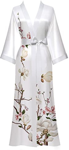 Yemmert Bata Kimono de Raso Para Mujer Con Cuello en V y Mangas 3/4 Con Cinturón - Diseño Floral