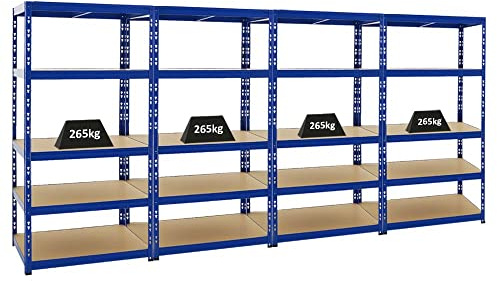 PROREGAL Mega Deal 4X Étagère Charge Lourde Tiger | HxLxP 180x90x60cm | 265kg par Niveau | Bleu | Étagère Robuste de Garage, Atelier, Cave, sous-Sol, Stockage, Rangement, rayonnage