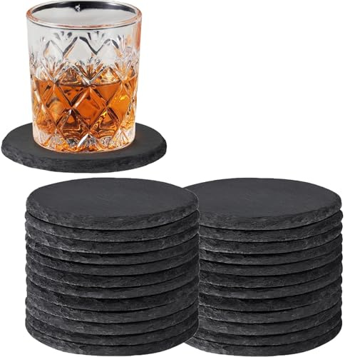 24 PCS Slate Drink Coasters Bulk, MAPRIAL 4 Inch Round Black Rustic Stone Coasters, Laser Engraving Blanks with Anti-Scratch Backing for Engraver, Wedding, Gifts, Home Decor, Bar