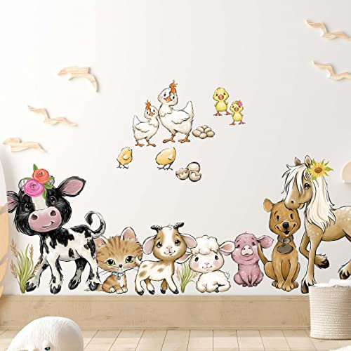 WANDKIND Bauernhof Wandtattoo Kinderzimmer V360 | handgezeichnet | AUFKLEBER Kindergarten | Babyzimmer Wandsticker Pferd Schwein Kuh Hund Huhn Katze (120 x 120 cm)