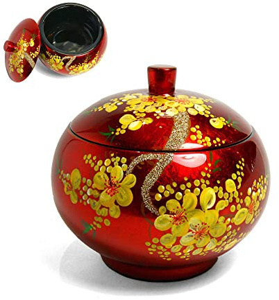 Art Saigon Boîte Ronde en Bois Laqué Rouge Ø10,5cm, Fleur de Cerisier Jaune, Fait Main - Coffret à Bijoux de Rangement pour Bague, Bracelet, Collier - Décoration Asiatique (S38-111)