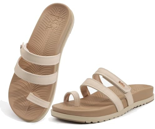 KuaiLu Womens Slides Sandals With Arch Support Comfort Plantar Fasciitis Yoga Mat Cushion Sandals Fashion Summer Beach Walking Adjustable Ladies Flat Orthotic Slip On Sandles Beige Size 8