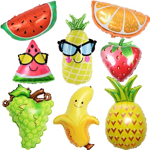 Ballons en Aluminium Fruit, 8 Pièces - Ballons Hawaïens, Fraise Banane Pastèque Ananas pour Anniversaire, Baby Shower, Plage Theme Décor