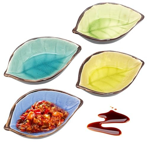 MEIYAXINWIN 4 Stk Keramik Dip Schälchen in Blattform, 7x10cm Klein Schalen Dipschalen, 4 Farben Mini Snack Schalen Saucenschalen für Sojasauce Saucen Gewürzen