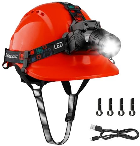 Mustbau Casque de Sécurité EN397, Casque avec LED Lampe Frontale avec Détecteur de Geste, 10W Lampe Super Lumineuse Convient pour Chantiers, Travail de Nuit, Pêche (Rouge)