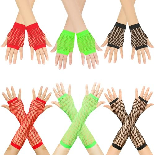 SYEYCW 6 Paar Lang und Kurz Fischnetz Handschuhe, Netz Mesh Handschuhe, Fingerlose Fischnetz Handschuhe, Netz Mesh Abendhandschuh, für 80er Jahre Verkleidung Kostüm Party Lieferungen, 3 Farben