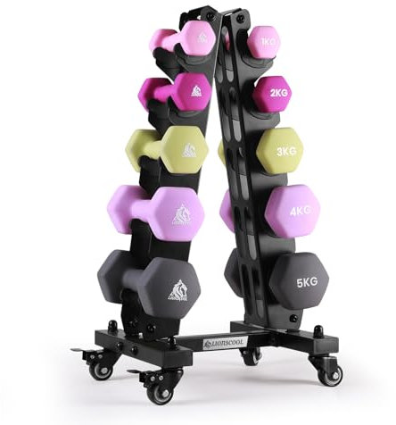 LIONSCOOL Premium Neoprene Dumbbell Sets of 3 Pairs or 5 Pairs With Solid Portable Steel Rack For Home Gym (Power Gradient, 1 to 5 kg)