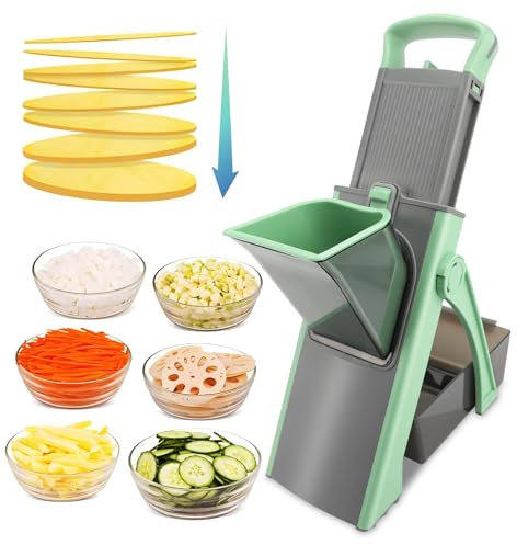 MEKOTRIN Mandoline Cuisine, Légumes Multifonctions Hachoir Manuel, Frite Épaisseur Ajustable - Julienne, Tranche, Lanière, Dé, Cube pour Patate Carotte Concombre Tomate(Vert)