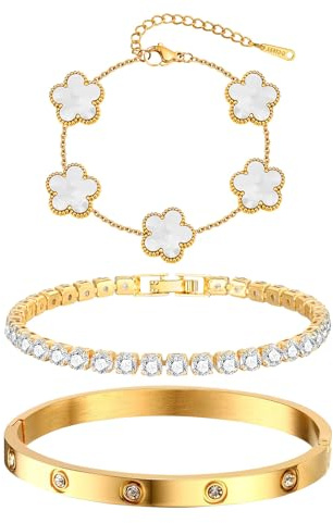 MPRAINBOW 18K Gold Plated Stainless Steel Womens Stackable Floral Bracelet Set, Bangle Chain Non Tarnish, Trendy Jewelry Gifts for Girlfriend, Christmas, Valentines, Birthday, White, 3Pcs