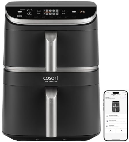 Cosori Turbo Tower Pro Smart Freidora de Aire 10.8L 2630W, Revestimiento Cerámico Seguro y Doble Cesta, Tecnología Avanzada con Motor DC y Dual Blaze, Ahorro de Energía y Más Rápida, 7 Funciones