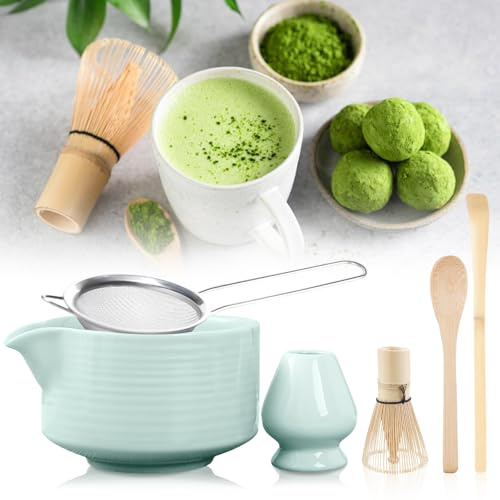 6 pièces Ensemble de thé matcha, ensemble de matcha avec fouet en bambou, bol en céramique avec verseur, fouet en bambou pour matcha, support pour fouet en céramique, cuillère à matcha, filtre à