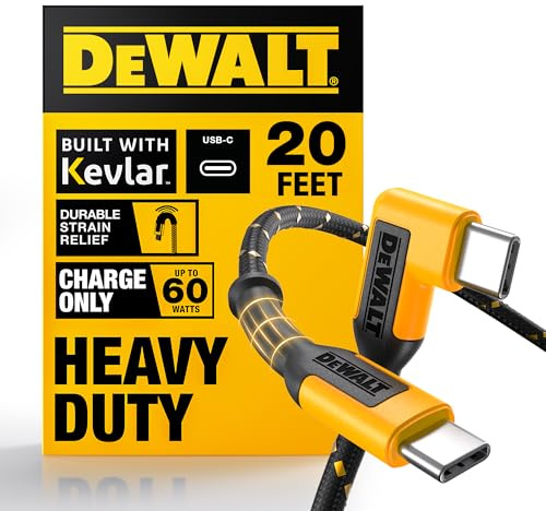 DEWALT Heavy Duty Extra Long USB C Cable (20 ft/6M), Fast 60W Type C Charging Cable, 90Degree Connector TypeC Charger Cord for Oculus Quest, PS5 Controller, Samsung Galaxy, Z Fold/Flip (Charge Only)