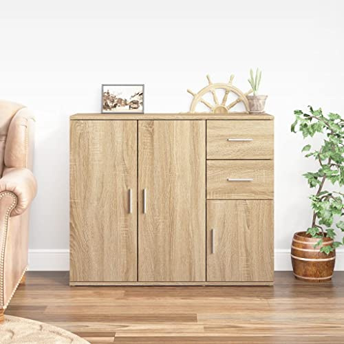 Myheimly Sideboard, Kommode mit 3 Türen 2 Schubladen, Anrichte Schrank für Wohnzimmer, Beistellschrank Mehrzweckschrank, Holzwerkstoff Sideboard Sonoma Eiche