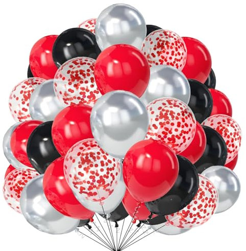 50pcs Red Black Silver Balloons 10 Inch Red and Black Balloon With Confetti Balloons for Super Spider Hero Theme Birthday Baby Shower Wedding Race Car Party Decorations