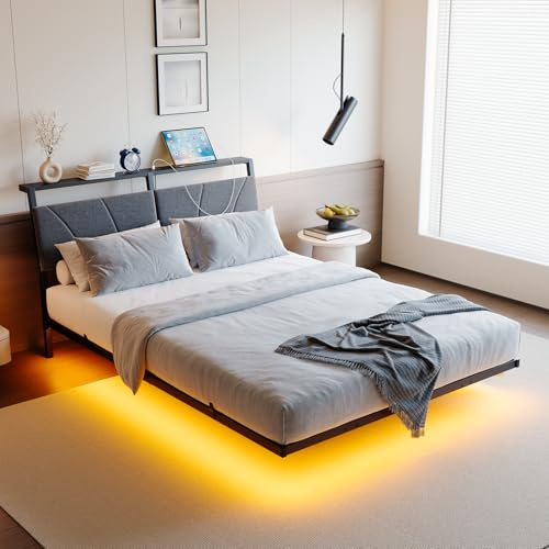 HOJINLINERO Struttura letto king size da 1,5 m con contenitore, struttura letto king size galleggiante con luci LED, testiera ergonomica con ricarica USB, telai per letto king size, doghe in metallo