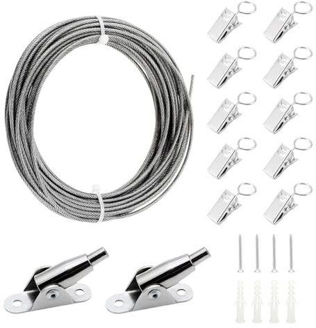 6 Meter Edelstahl Drahtseil Kit Edelstahlseil 2mm Edelstahl Einstellbar Gardinenseil 7X7 Stahlseil Seilaufhängung mit Montage Klemme und Schrauben für hängend Bild Kleidung Licht