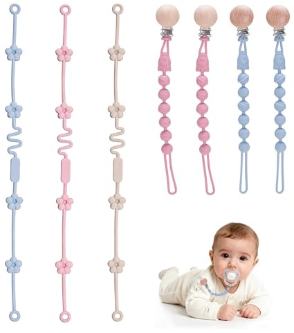 7 Pezzi Catenella Portaciuccio, 2 in 1 Catenella Ciuccio in Silicone e Regolabili Cinghie per Giocattoli, Senza BPA, Porta Ciuccio per Biberon, Passeggino, Seggiolone