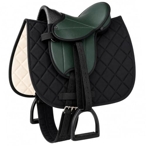 Brama West Holzpferd Sattel Set „My Happy Pony“ | Sattel für Shetty Pony Holzpferd | mit Satteldecke, Sattelgurt, Steigbügel & Steigbügelriemen | Sattel Grün (Sattel Grün/Decke Schwarz)