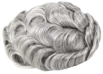 Uso Masculino Peluca de Hombre con Sistema reemplazo tupé Ondulado PU Completo, Color Gris, 8 x 10 Pulgadas Cabeza de Peluca