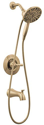Delta Faucet Arvo 14 Series Single-Handle Tub and Shower Trim Kit, Shower Faucet with 4-Spray In2ition 2-in-1 Dual Hand Held Shower Head with Hose, Champagne Bronze 144840-CZ-I (Valve Included)
